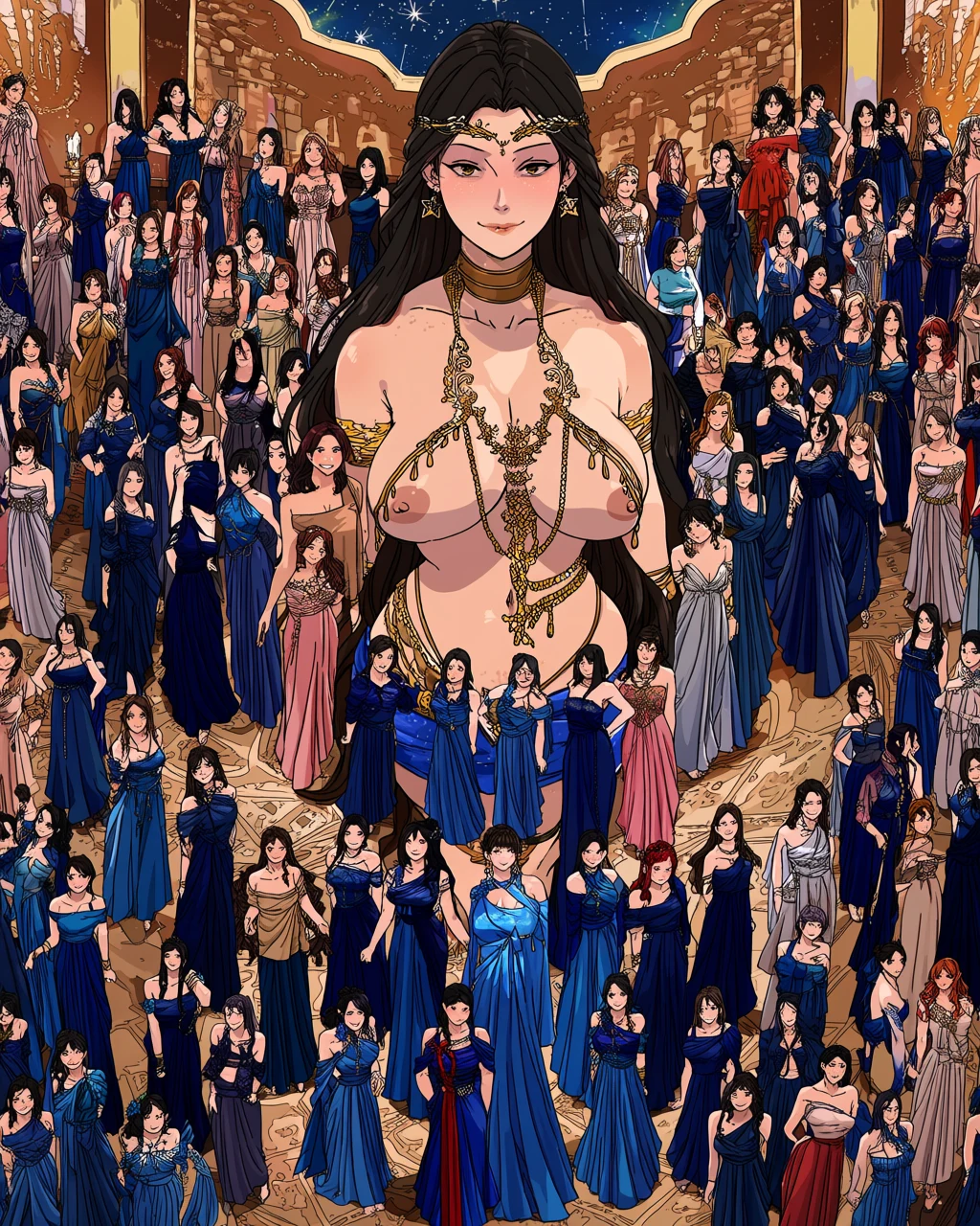 an adult celestial queen age 40 in midnight blue drapery and gold jewelry in a private observatory, star map light across bare shoulders, adult fantasy manhwa art style
