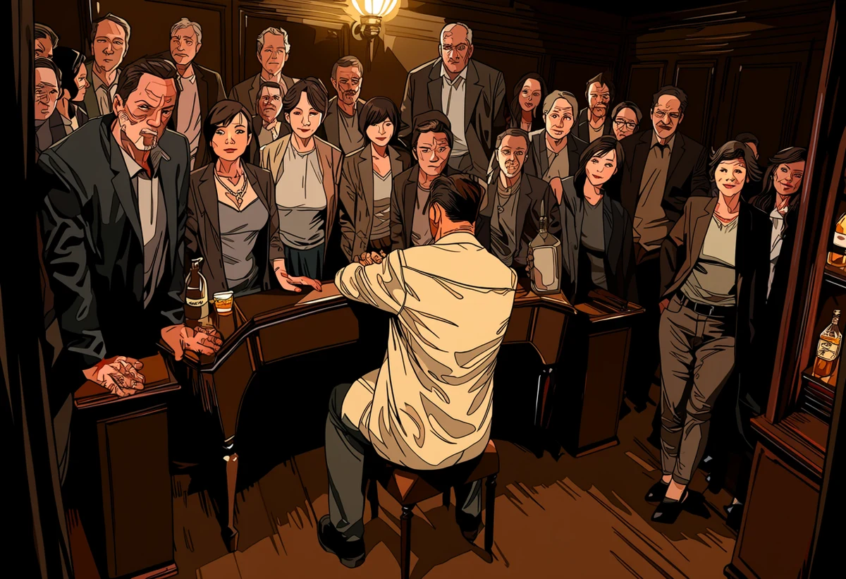 an adult woman age 34 seated on the desk of a wealthy adult man age 39 in a dark wood study, whisky untouched, charged tension, warm key light, adult manhwa art style