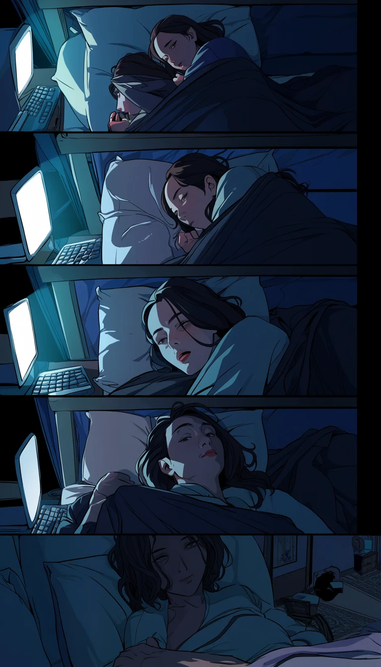 an adult woman age 33 alone in bed lit by a phone screen with her adult partner arriving in the lower frame, tall vertical webtoon panel