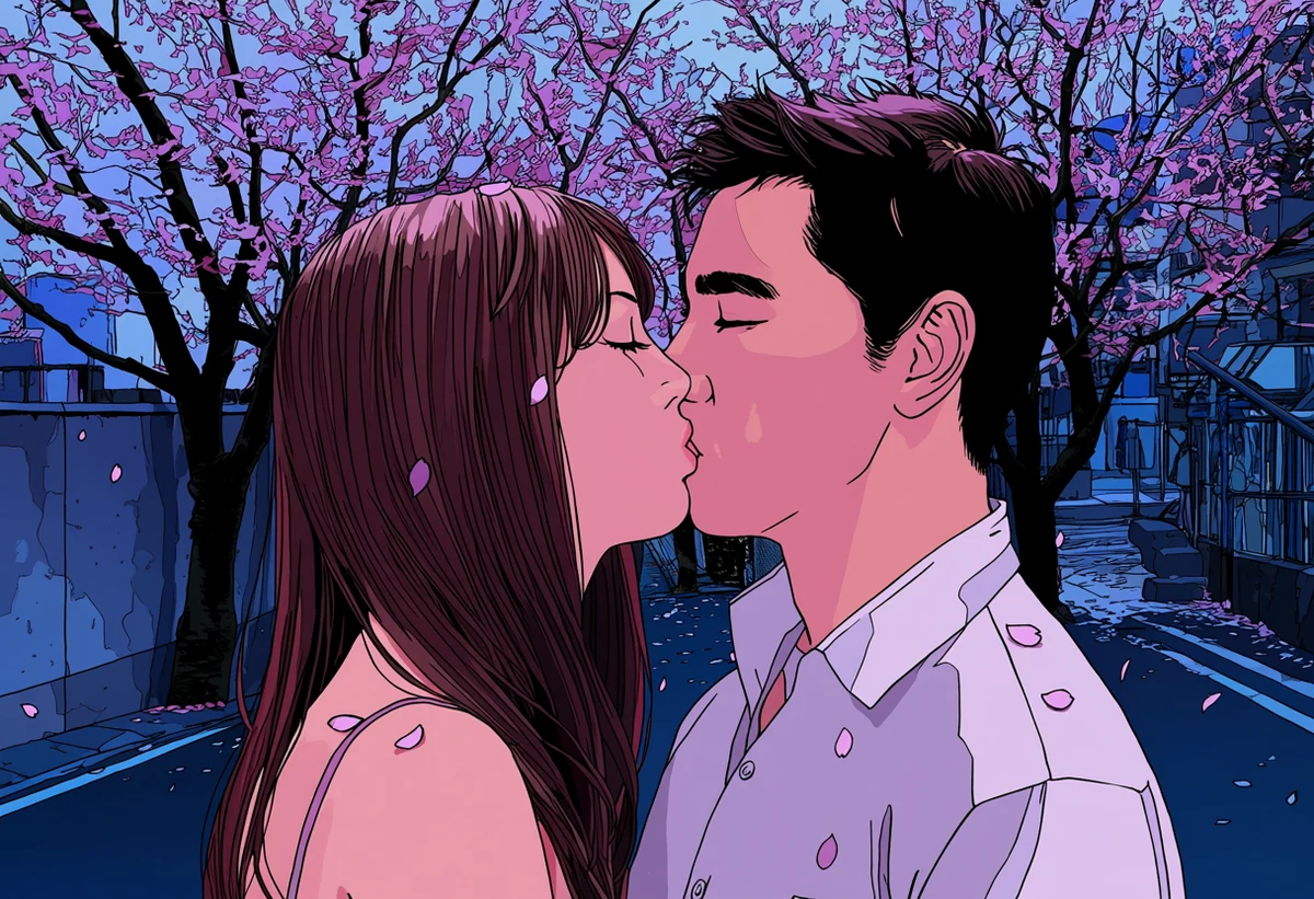 an adult couple age 30 and 33 kissing under falling cherry blossoms on a quiet Seoul backstreet at dusk, petals on their shoulders, korean manhwa art style