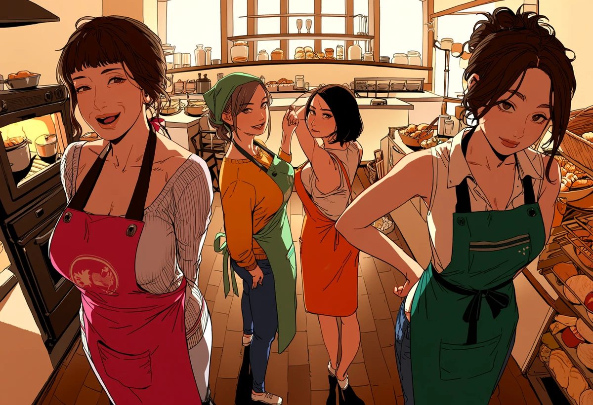 two adult women age 32 and 36 in a pre-dawn bakery kitchen, aprons loosened, flour handprints, warm oven glow, explicit lesbian adult manhwa art style