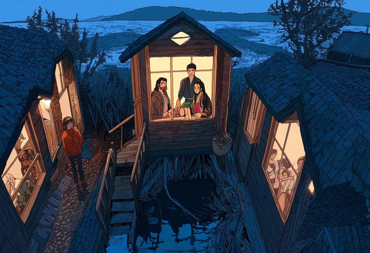 an adult couple age 33 and 36 in a lantern-lit cottage on a fogged moor with a shape at the window, clothing half undone, cold blue and warm amber, adult horror manhwa art style