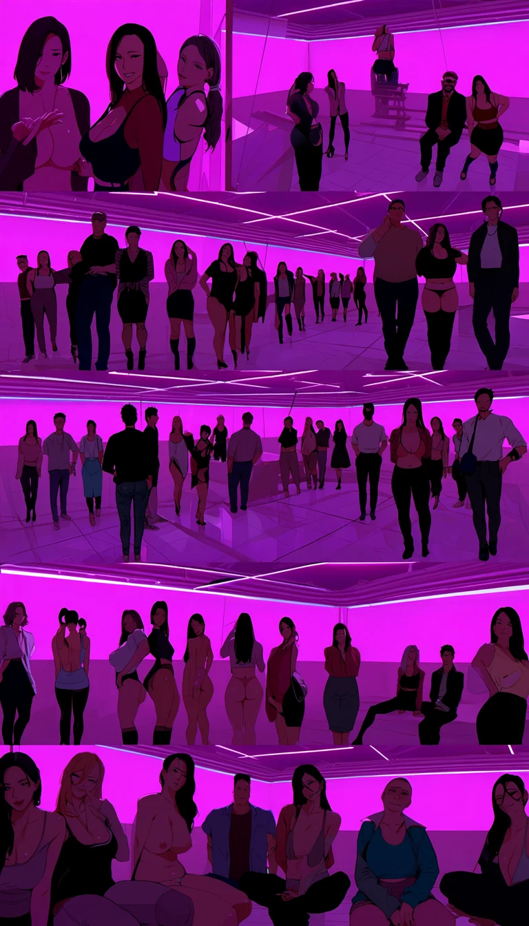 an adult couple age 30 and 34 in a minimal neon-lit room, emissive strip lighting and clean geometry, saturated magenta and cyan, 3d rendered adult scene