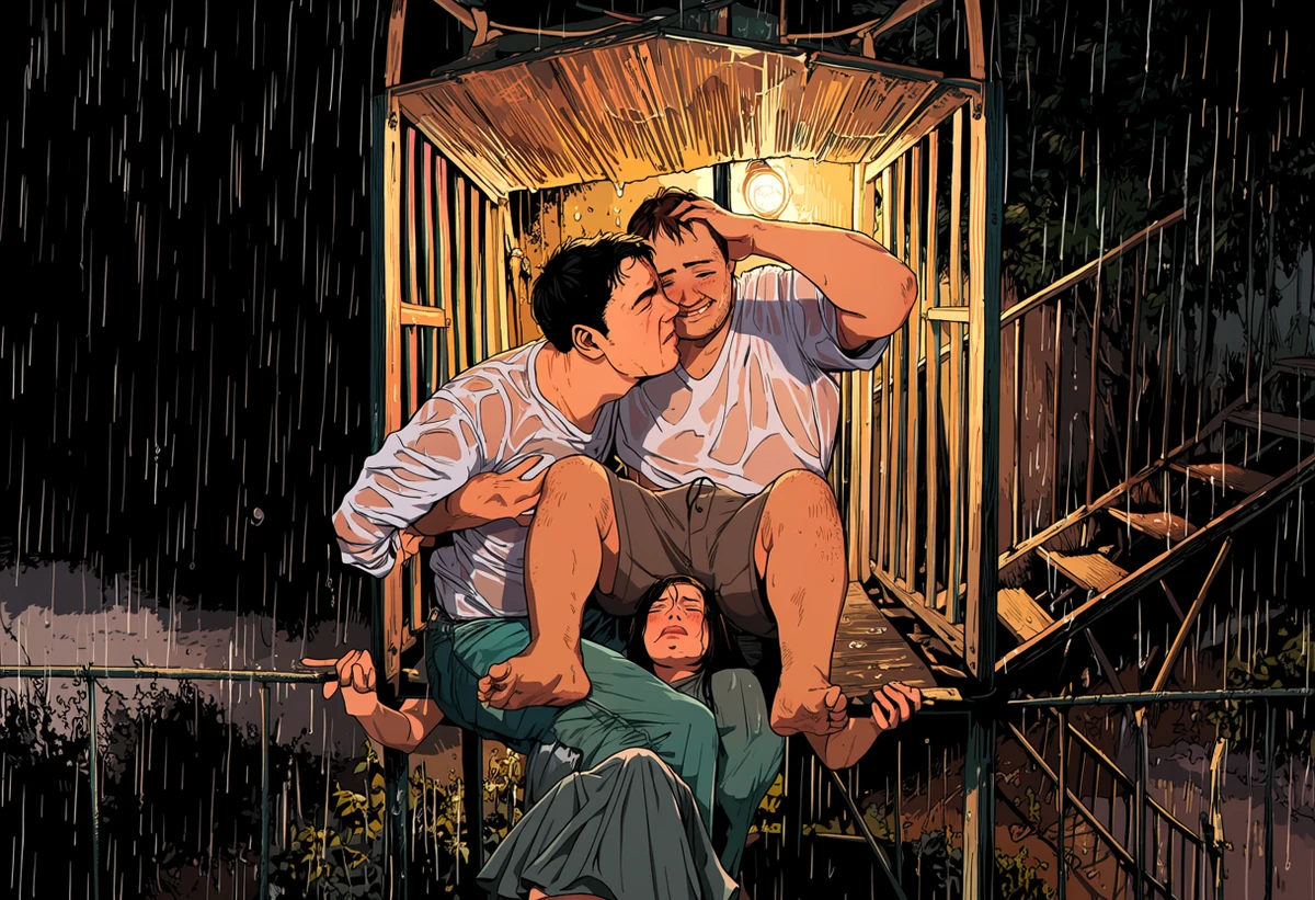 two adult men age 30 and 34 sheltering on a fire escape in the rain, soaked shirts, one lifting the other's chin, sodium streetlight, yaoi art style