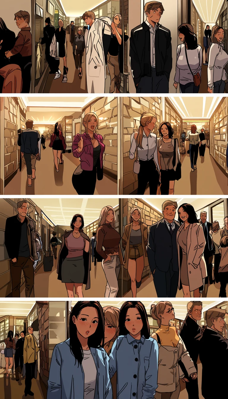 an adult woman age 34 letting a coat fall in a hotel corridor in one wide comic panel, followed by two tight panels of her adult lover reacting, cinematic lighting, adult hentai comic page