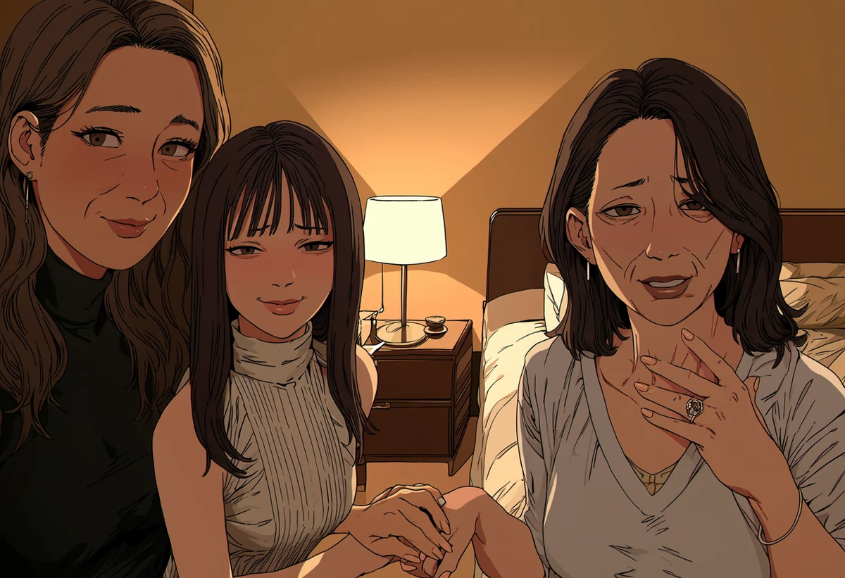 a married adult woman age 36 with her adult lover age 39 in a hotel room, her wedding ring set on the nightstand, guilt and desire, low lamp, adult drama manhwa art style
