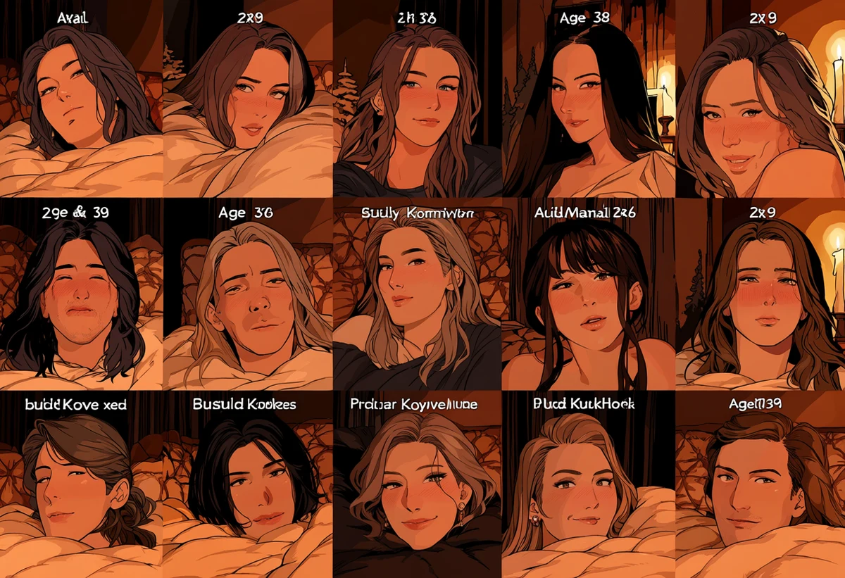 a married adult couple age 32 and 39 under a heavy quilt in a snowbound house, the power out, candlelight, shared body heat, explicit adult manhwa art style