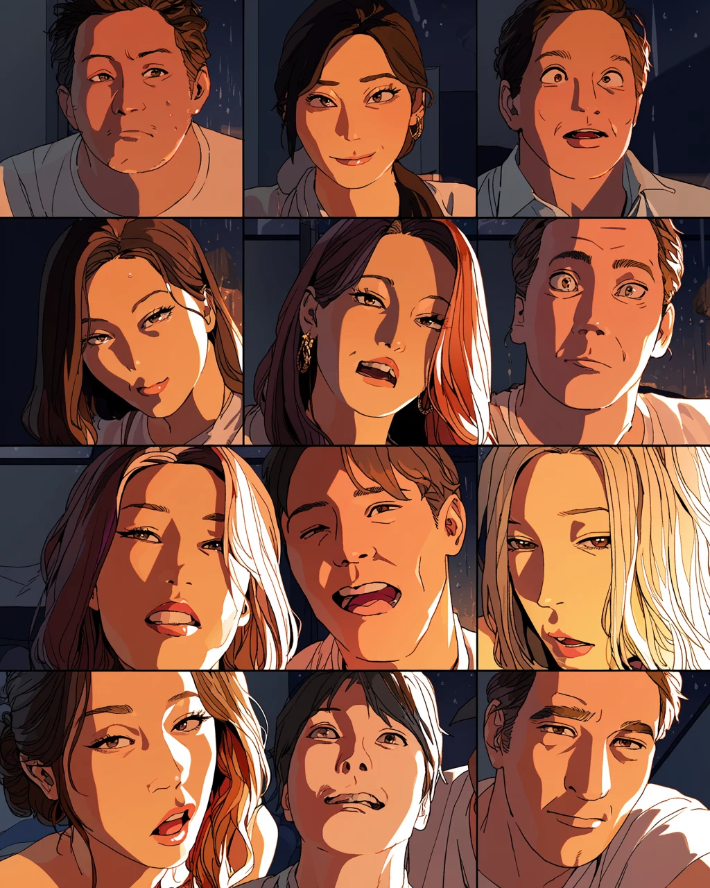 an adult couple age 32 and 36 caught in a summer downpour, white shirts clinging, mutual awareness, suggestive not explicit, warm rain light, ecchi manhwa art style