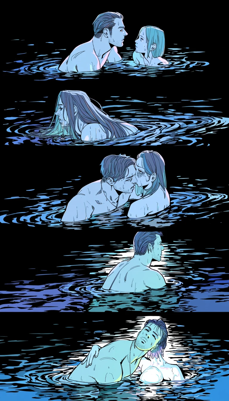 an adult couple age 32 and 34 on a night lake shore, wet and clinging together as phosphorescence spreads in the black water behind them, adult horror manhwa art style