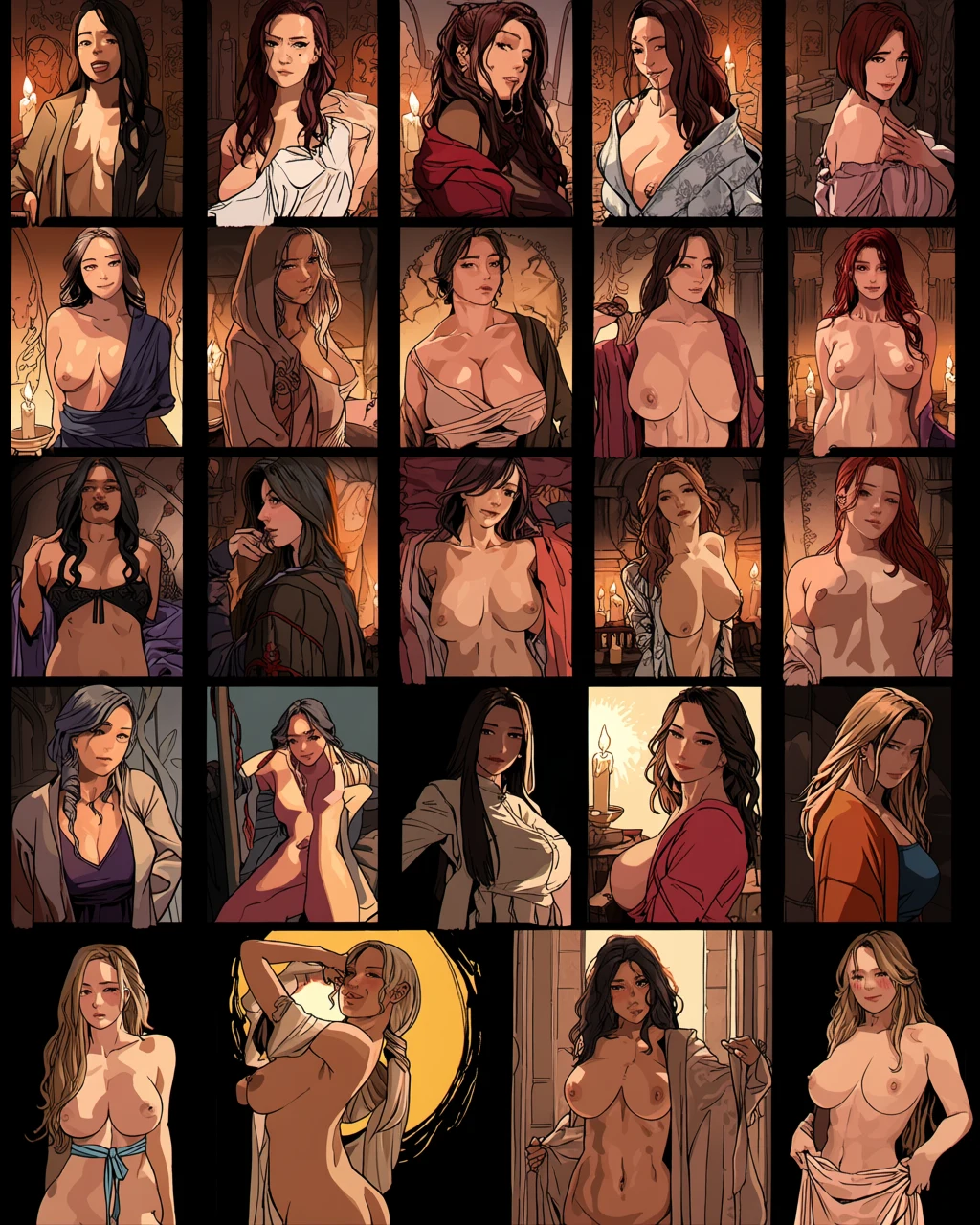 an adult character age 38 mid-reversion in a candlelit fantasy chamber, magic runes fading, a robe held loosely, bittersweet, adult gender bender manhwa art style