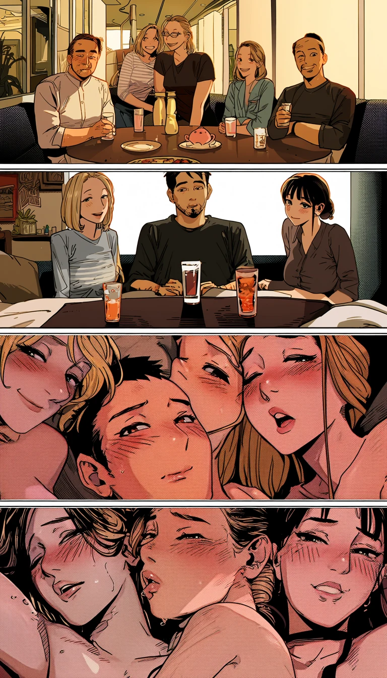 an adult couple age 34 and 31 drawn across three escalating comic panels, from a shared drink to a shared bed, gutter borders and halftone shading, adult hentai comic spread