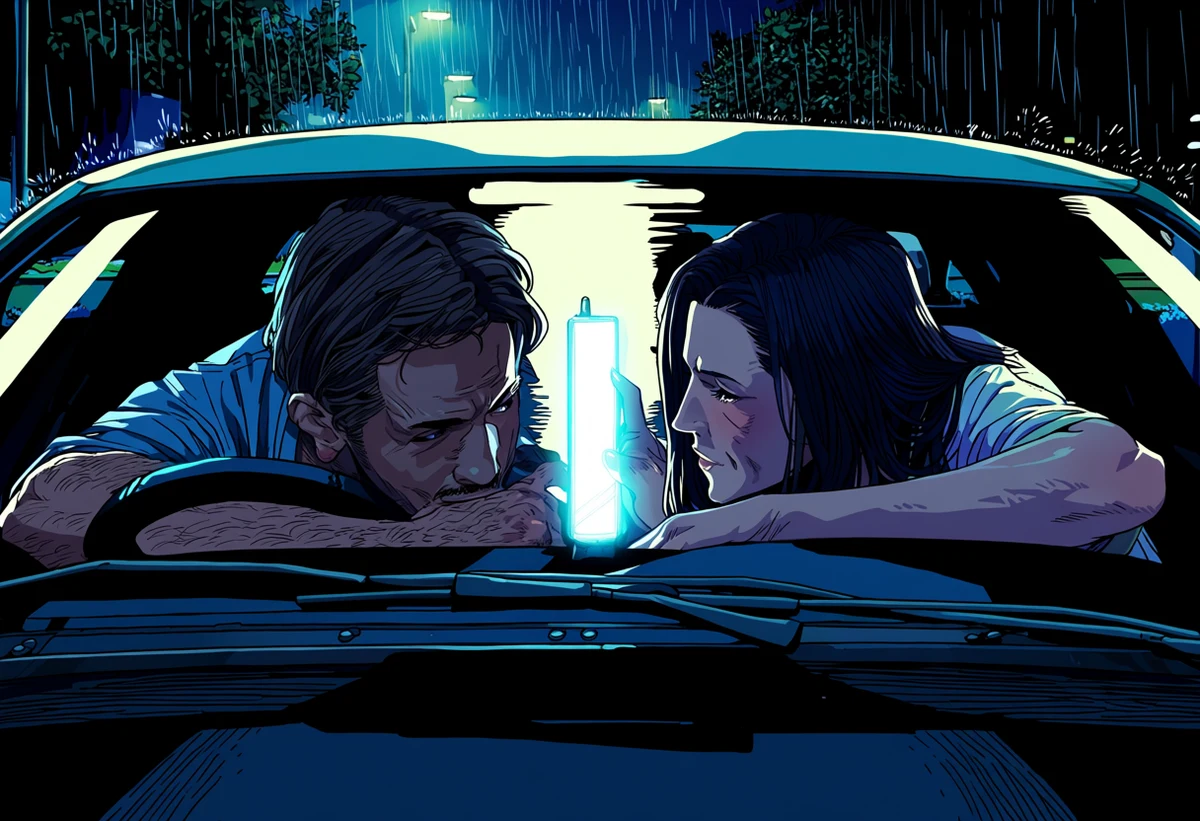 a married adult man age 38 and his adult lover age 34 in a parked car at night, both phones face down on the dash, rain, tense intimacy, adult drama manhwa art style
