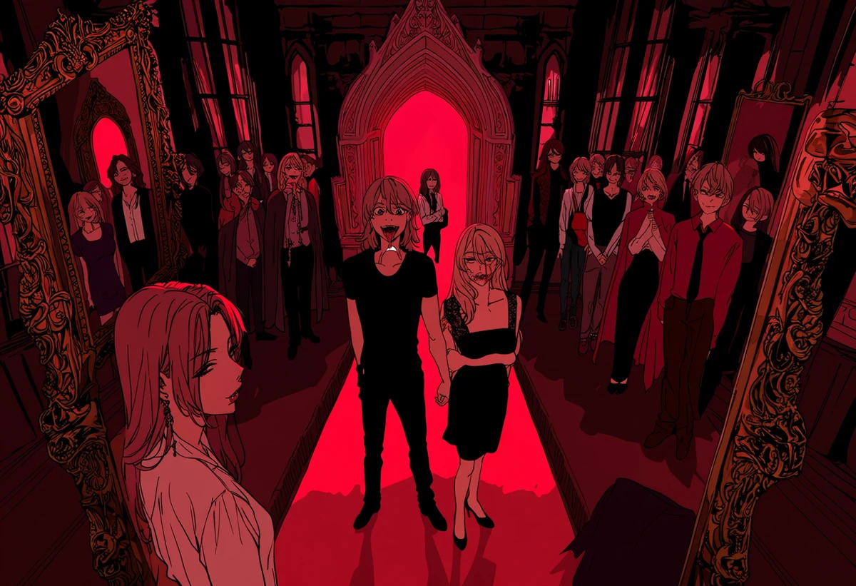 an adult vampire age 38 and a willing adult partner age 34 in a red-lit gothic chamber, a throat exposed by choice, velvet and an ornate mirror, adult horror manhwa art style