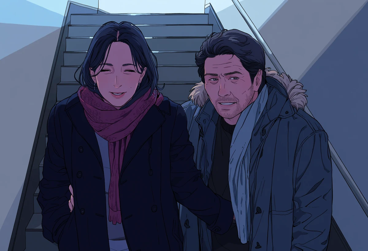 a married adult man age 40 and his adult lover age 35 saying goodbye in a stairwell, a coat pulled around them both, cold light, adult drama manhwa art style