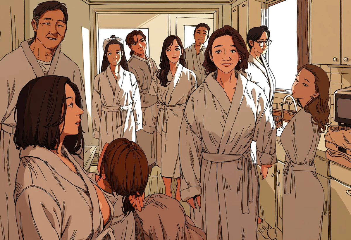 an adult woman age 34 in a bathrobe discovering her adult partner has walked into the neighbour's identical kitchen, deadpan faces, bright morning, adult comedy manhwa art style
