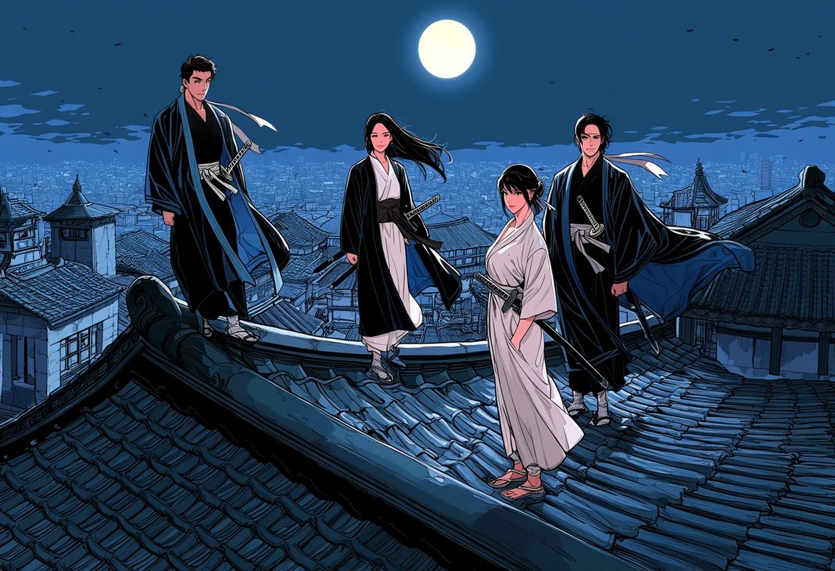 an adult couple age 37 and 35 on a tiled rooftop under a full moon, swords sheathed and robes loosened by wind, ink-wash city below, adult martial arts manhwa art style